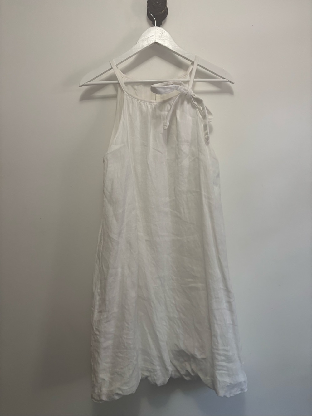 Cotton/Linen Blend White Tie-Shoulder Midi Dress